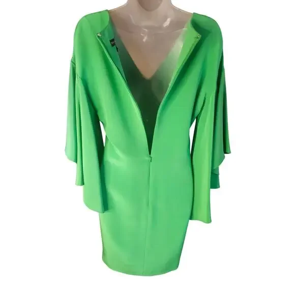 Ralph Lauren Green Shift Dress Sz 4 3/4 length Bell Sleeves V Neck - Picture 7 of 9